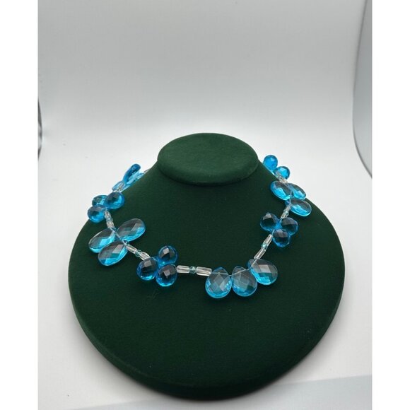 Blue Crystal Faceted Necklace Teardrop Oval Beads Lobster Clasp Handcrafted - Picture 3 of 5